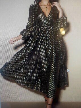 Athena Black and Gold Metallic Puff Sleeve Maxi Dress O.P.T. XS